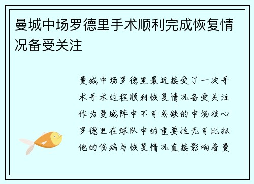 曼城中场罗德里手术顺利完成恢复情况备受关注